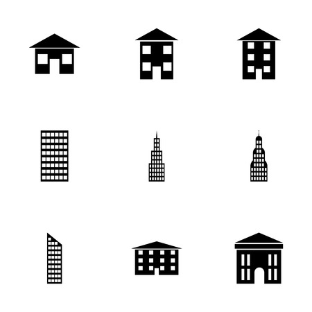 Vector black buildings icon set on white backgroundのイラスト素材