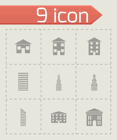 Vector black buildings icon set on grey backgroundのイラスト素材