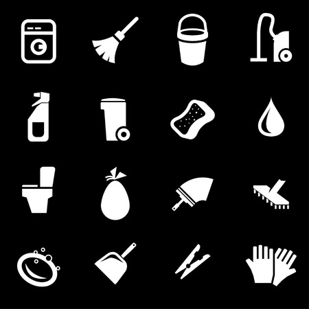 Vector white cleaning icon set on black backgroundのイラスト素材