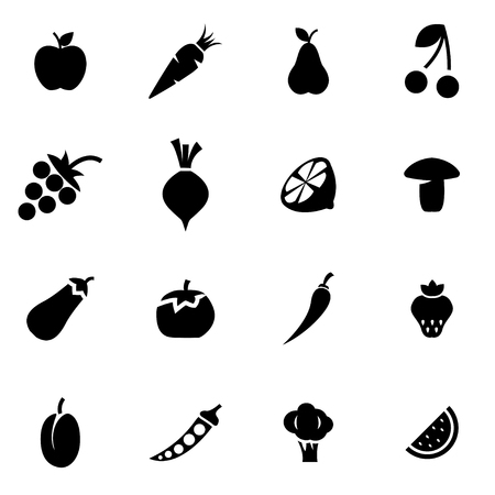 Vector black fruit and vegetables icon set on white backgroundのイラスト素材