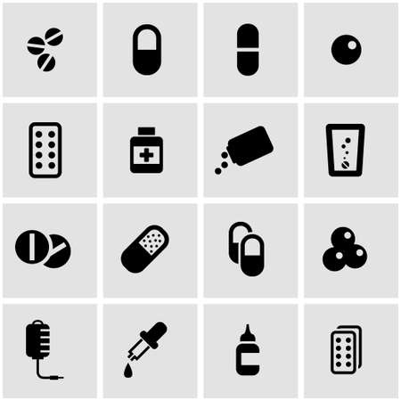 Vector black pills icon set on grey backgroundのイラスト素材