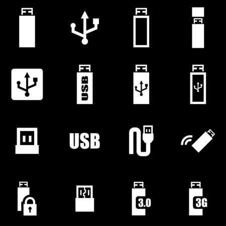 Vector white usb icon set on black backgroundのイラスト素材