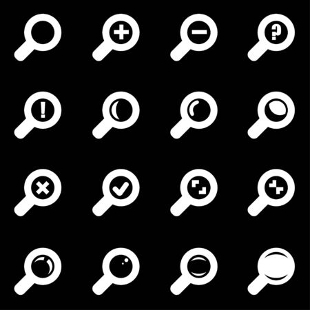  white magnifying glass icon set  on black backgroundのイラスト素材