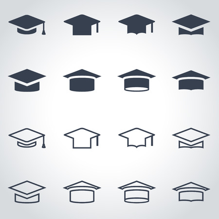 Vector black academic cap icon set on grey backgroundのイラスト素材
