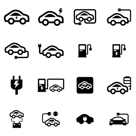 Vector black electric car icon set on white backgroundのイラスト素材