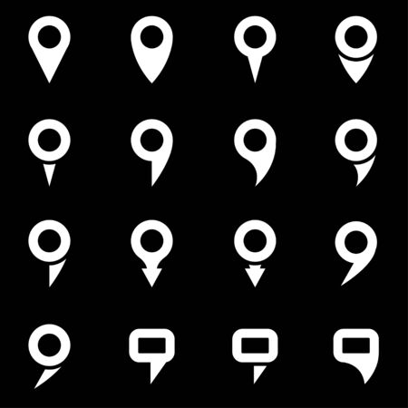 Vector white map pointer icon set on black backgroundのイラスト素材