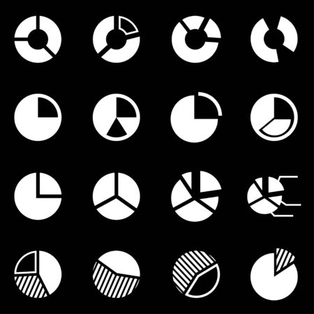 Vector white pie chart icon set on black backgroundのイラスト素材