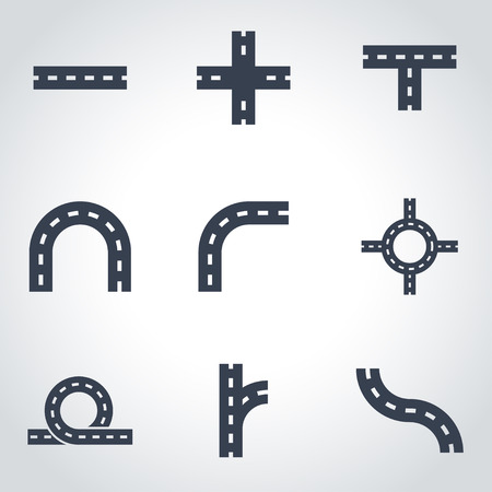 Vector black road elements icon set on grey backgroundのイラスト素材