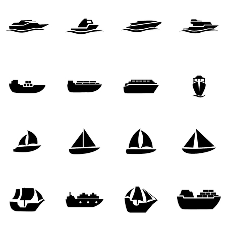 Vector black ship and boat icon set on white backgroundのイラスト素材