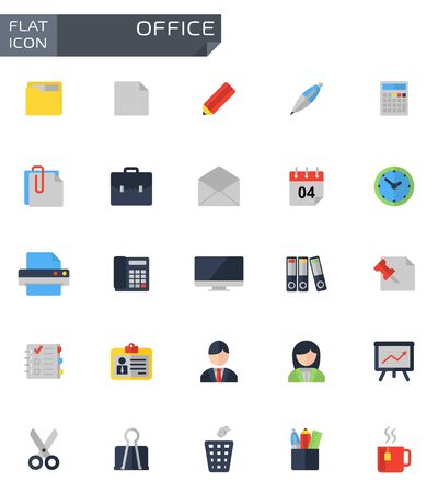 Vector flat office icons set on white background.のイラスト素材