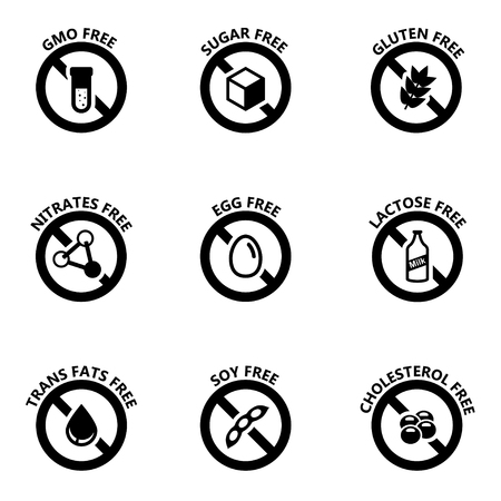 Vector black food dietary labels icon set. Food Dietary Labels Icon Object, Food Dietary Labels  Icon Picture, Food Dietary Labels  Icon Image - stock vectorのイラスト素材