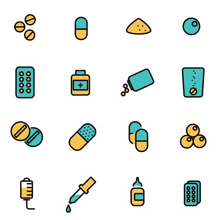 Trendy flat line icon pack for designers and developers. Vector line pills icon set, pills icon object, pills icon picture, pills icon image - stock vectorのイラスト素材