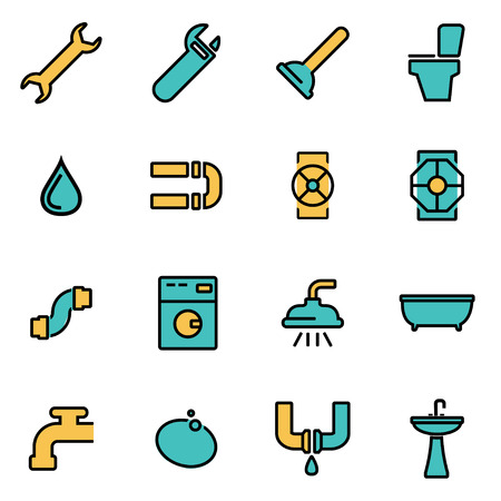 Trendy flat line icon pack for designers and developers. Vector line plumbing icon set, plumbing icon object, plumbing icon picture, plumbing icon image - stock vectorのイラスト素材
