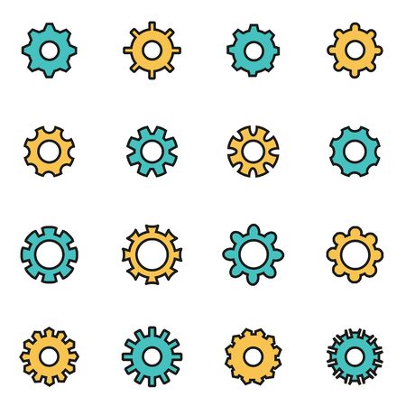 Trendy flat line icon pack for designers and developers. Vector line gear icon set, gear icon object, gear icon picture, gear image - stock vectorのイラスト素材