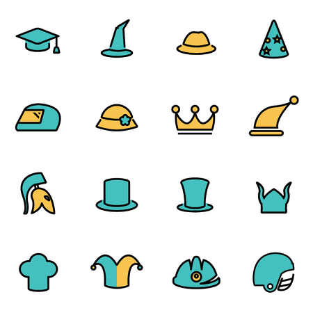 Trendy flat line icon pack for designers and developers. Vector line helmet and hat icon set, helmet and hat icon object, helmet and hat icon picture - stock vectorのイラスト素材