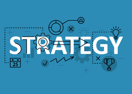 Strategy concept flat line design with icons and elements. Modern strategy concept vectors collection. Thin line flat design banners for website and mobile website, easy to use and highly customizable. Strategy concept letteringのイラスト素材