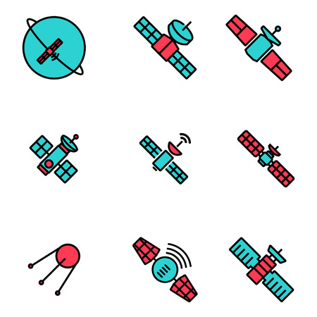 Vector line orbit satellite icons set. Orbit Satellite Icon Object, Orbit Satellite Icon Picture, Orbit Satellite Icon Image - stock vectorのイラスト素材