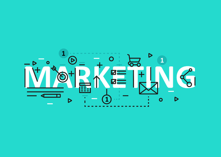 Marketing concept flat line design with icons and elements. Modern marketing concept vectors collection. Thin line flat design banners for website and mobile website, easy to use and highly customizable. Marketing concept letteringのイラスト素材