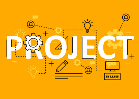 Project concept flat line design with icons and elements. Modern project concept vectors collection. Thin line flat design banners for website and mobile website, easy to use and highly customizable. Project concept letteringのイラスト素材