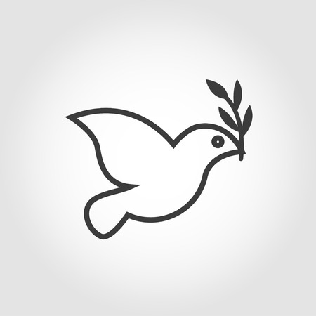 Vector white dove icon on grey background. Peace dove with olive branch. Dove outline thin symbol.のイラスト素材