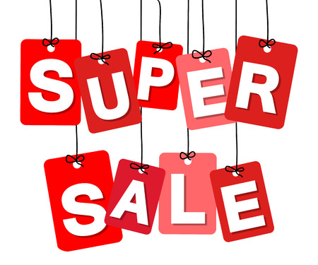 Vector colorful hanging cardboard. Tags - vsuper sale on white backgroundのイラスト素材