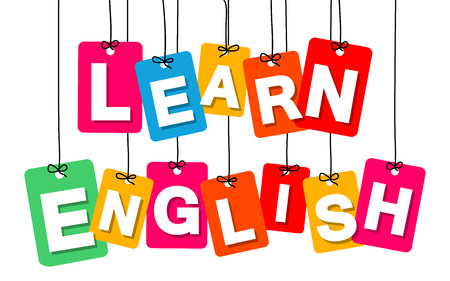 Vector colorful hanging cardboard. Tags - learn english on white backgroundのイラスト素材