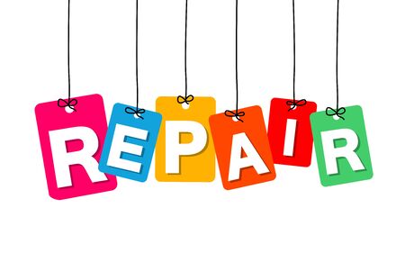 Vector colorful hanging cardboard. Tags - repair on white backgroundのイラスト素材