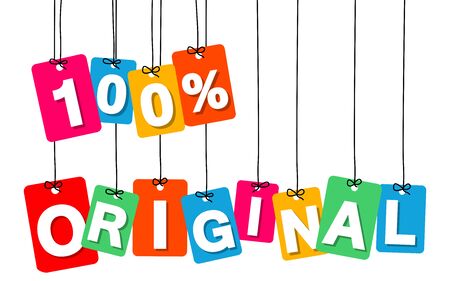 Vector colorful hanging cardboard. Tags - 100 percent original on white backgroundのイラスト素材