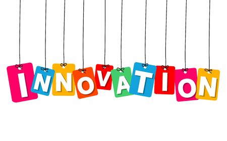 Vector colorful hanging cardboard. Tags - innovation on white backgroundのイラスト素材