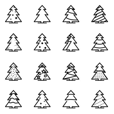 Vector line christmas tree icon set on white backgroundのイラスト素材