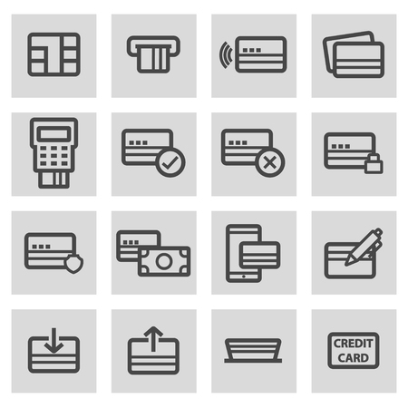 black line credit card icons set on grey backgroundのイラスト素材