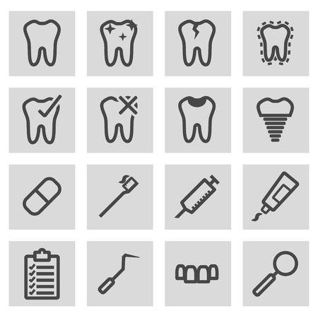 black line dental icons set on grey backgroundのイラスト素材