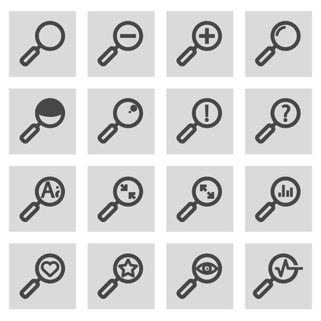 Vector black line magnifying glass icons set on grey backgroundのイラスト素材