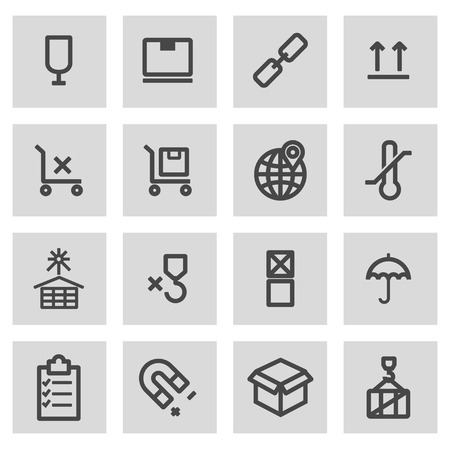 Vector black line marking of cargo icons set on grey backgroundのイラスト素材