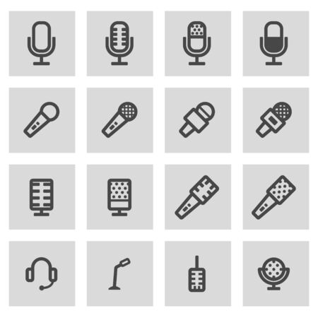 Vector black line microphone icons set on grey backgroundのイラスト素材