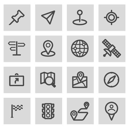 Vector black line navigation icons set on grey backgroundのイラスト素材