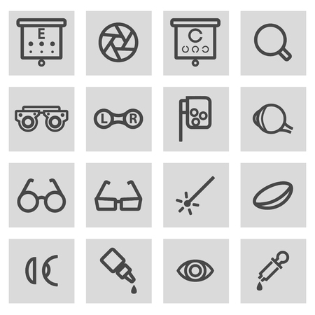 Vector black line optometry icons set on grey backgroundのイラスト素材
