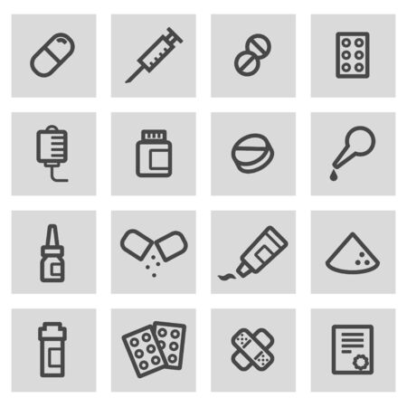 Vector black line pills icons set on grey backgroundのイラスト素材