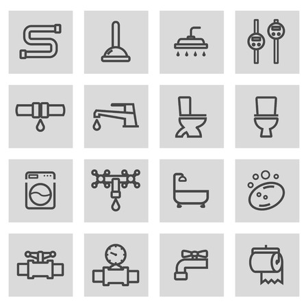 Vector black line plumbing icons set on grey backgroundのイラスト素材