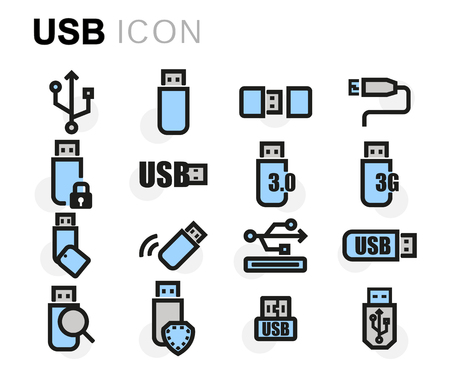 Vector flat line usb icons set on white backgroundのイラスト素材