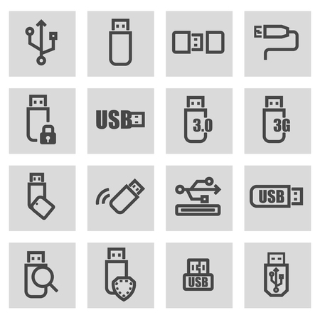 Vector black line usb icons set on grey backgroundのイラスト素材