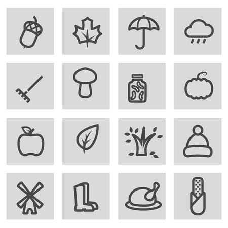 Vector line autumn icons set on grey backgroundのイラスト素材