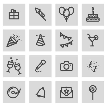 Vector line birthday icons set on grey backgroundのイラスト素材
