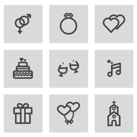 Vector line wedding icons set on grey backgroundのイラスト素材
