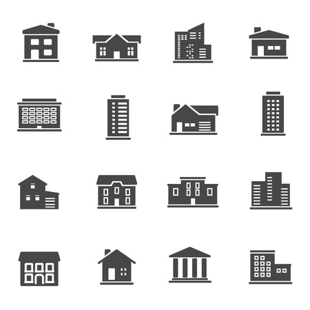 Black buildings icons set on whiteのイラスト素材