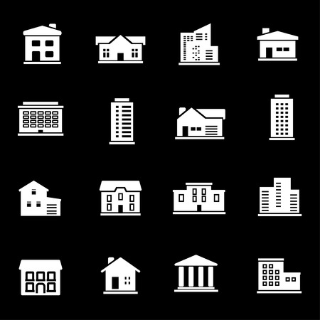 Vector white buildings icons set on black backgroundのイラスト素材