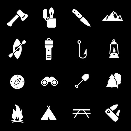 Vector white camping icons set on black backgroundのイラスト素材