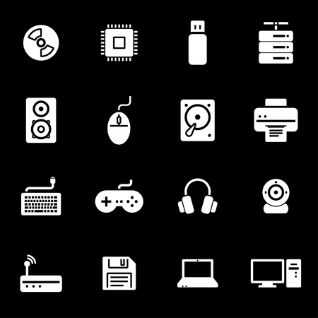Vector white computer icons set on black backgroundのイラスト素材
