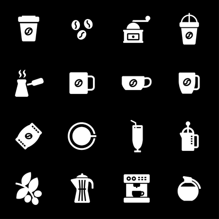 Vector white coffee icons set on black backgroundのイラスト素材