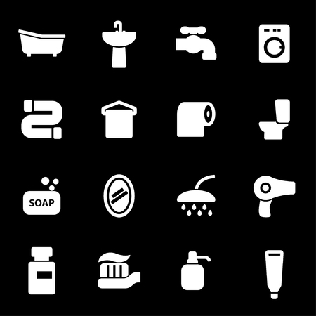 Vector white bathroom icons set on black backgroundのイラスト素材